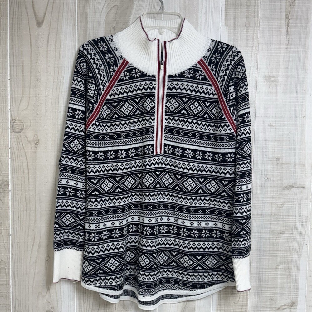 Eddie‎ Bauer Women's Zip Fair Isle Sweater Black Mock Neck Snowflake Large Tall